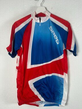 Speg Mens Cycling Jersey Medium Red White Blue Short Sleeve Zip Up Lightweight